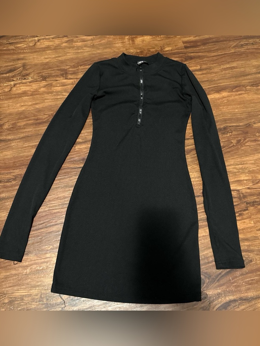 Long Sleeve Black Ribbed Zip-Front Women's Dress